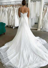 Maxine | Stunning Spaghetti Strap Sweetheart Neck Satin and Tulle Mermaid Wedding Dress with Long Train - White - PromDressClub